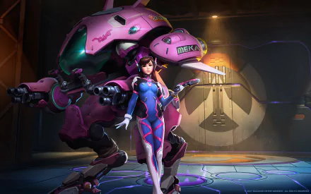 HD PC desktop wallpaper featuring D.Va and her pink mech robot from the video game Overwatch in a dynamic pose within a futuristic setting.
