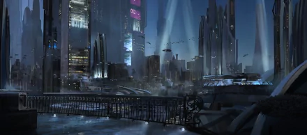 A cyberpunk sci-fi cityscape at night with towering futuristic buildings and glowing lights, captured in high definition as a PC desktop wallpaper background.