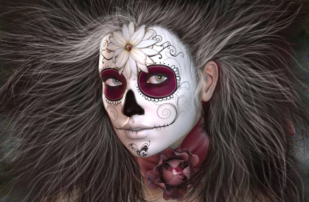 HD desktop wallpaper featuring an artistic portrayal of a person with a sugar skull face paint, adorned with a white flower on the forehead and intricate designs, hair flamboyantly styled in all directions.