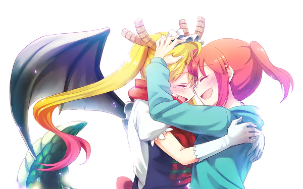 An HD desktop wallpaper of Tohru and Kobayashi from Miss Kobayashi's Dragon Maid, featuring Tohru with blonde twintails, horns, and dragon wings, smiling and embracing a tearful, blushing Kobayashi.