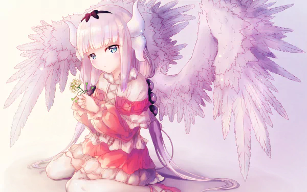 HD desktop wallpaper featuring Kanna Kamui from Miss Kobayashi's Dragon Maid. She has long hair, blue eyes, wings, and horns, and is depicted in thigh highs with a serene expression.
