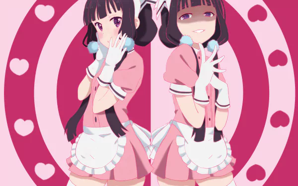 Anime HD wallpaper featuring Maika Sakuranomiya from Blend S. She is in a cute maid outfit with thigh highs, headdress, gloves, and long black hair. The background is decorated with hearts and circles.