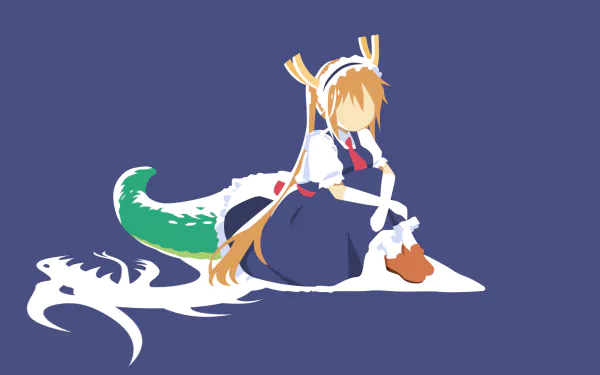 Minimalist HD anime wallpaper featuring Tohru from Miss Kobayashi's Dragon Maid, showcasing her dragon tail and horns against a solid blue background.