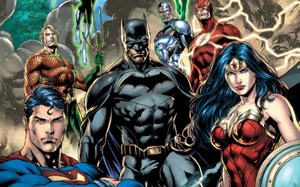 HD desktop wallpaper featuring iconic DC Comics superheroes from the Justice League: Superman, Batman, Wonder Woman, The Flash, Green Lantern, Aquaman, and Cyborg, standing together in a dynamic pose.
