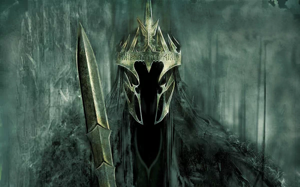 HD desktop wallpaper featuring Sauron from The Lord of the Rings: The Return of the King, showcasing his iconic dark armor and helmet against a misty, dark backdrop.