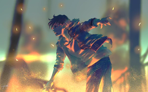 Anime boy with black hair in a coat, reaching forward among glowing embers, in a vivid HD desktop wallpaper.