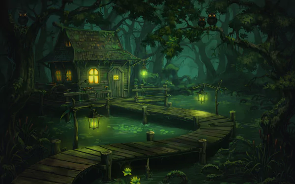 A magical, fantasy forest at night, featuring a charming house surrounded by lush trees and greenery, with glowing lanterns illuminating a wooden walkway. HD desktop wallpaper and background.