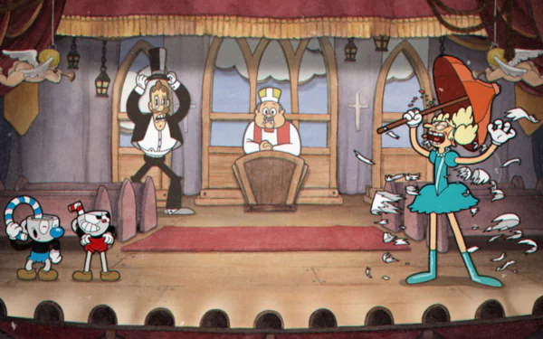 HD desktop wallpaper featuring Cuphead, Mugman, and Sally Stageplay from the video game Cuphead, set on a theatrical stage with animated characters and dramatic scenery.