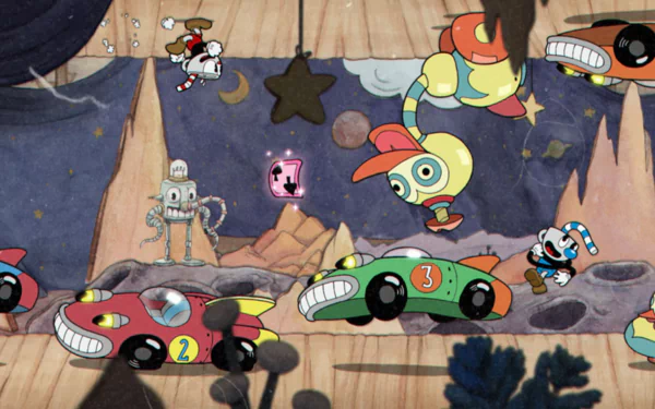 HD wallpaper featuring Cuphead and Mugman from the video game Cuphead, set against a dynamic background with animated racing cars and whimsical characters.