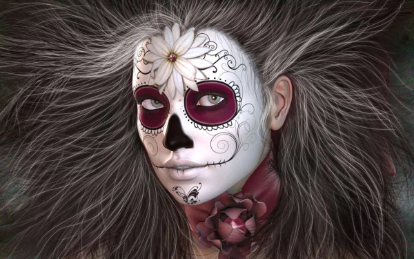 HD desktop wallpaper featuring an artistic portrayal of a person with a sugar skull face paint, adorned with a white flower on the forehead and intricate designs, hair flamboyantly styled in all directions.