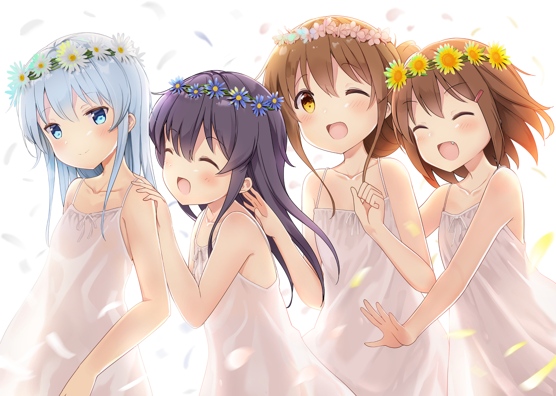 HD PC desktop wallpaper of Kantai Collection (Akatsuki, Inazuma, Ikazuchi, Hibiki): four smiling anime girls in white sundresses and flower crowns, bathed in sunlight with soft falling petals.