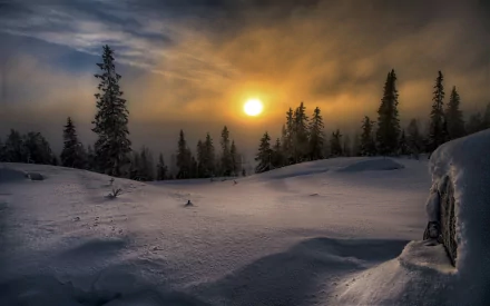 HD desktop wallpaper features a stunning winter sunset over a snowy forest, highlighting the natural beauty of the frozen landscape.