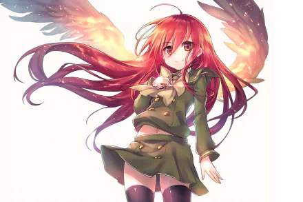 Anime character Shana from Shakugan No Shana, with long red hair, wearing a skirt, thigh highs, and necklace, smiling with fiery wings in the background. HD desktop wallpaper.