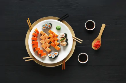 A vibrant still life of assorted sushi and seafood arranged on a white plate with soy sauce cups and chopsticks, captured in stunning 4K Ultra HD for a PC desktop background.