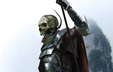 A dark warrior in detailed armor with a skull for a head, holding a weapon against a misty, mountainous background in this HD PC desktop wallpaper.