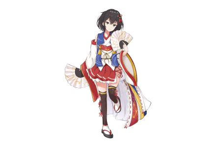 Sendai (Kancolle) in a red-and-white kimono-style naval outfit, holding folding fans — anime HD PC desktop wallpaper and background on a white backdrop.