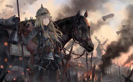 Anime-style blonde warrior in a helmet, riding a horse on a war-torn battlefield, featuring an explosive backdrop and military imagery, suitable as a HD desktop wallpaper.
