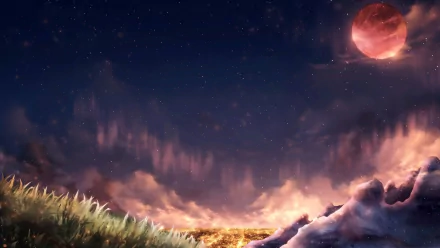 HD anime-style fantasy landscape depicting an otherworldly planet with a glowing red moon above a vibrant horizon, creating a stunning fantasy and anime desktop wallpaper.