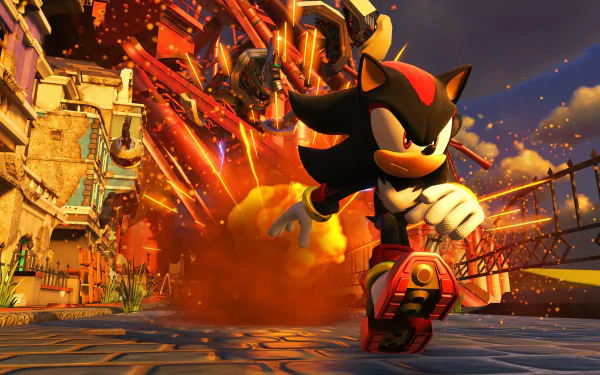 Shadow the Hedgehog bursts through flames and destruction in a dynamic 4K Ultra HD PC desktop wallpaper from the video game Sonic Forces.