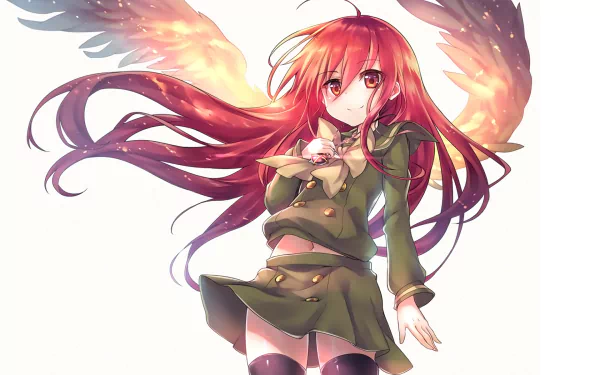 Anime character Shana from Shakugan No Shana, with long red hair, wearing a skirt, thigh highs, and necklace, smiling with fiery wings in the background. HD desktop wallpaper.