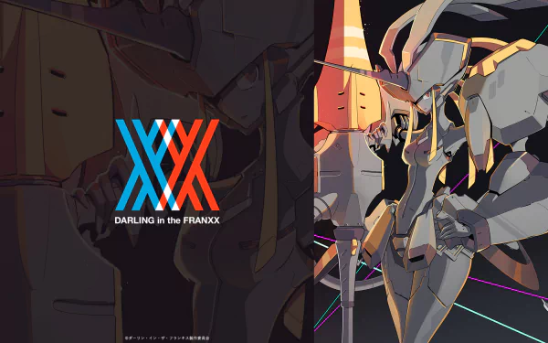 HD wallpaper featuring a dynamic illustration from the anime Darling in the FranXX, showcasing stylized mecha designs.