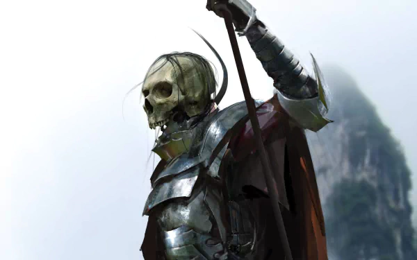 A dark warrior in detailed armor with a skull for a head, holding a weapon against a misty, mountainous background in this HD PC desktop wallpaper.