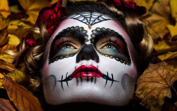 Artistic Sugar Skull Face Makeup Lipstick Leaf HD Wallpaper | Background Image