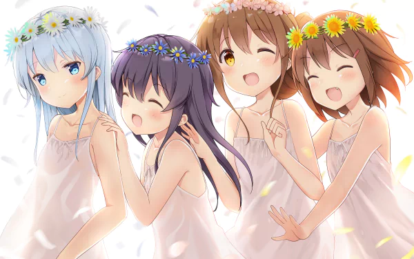 HD PC desktop wallpaper of Kantai Collection (Akatsuki, Inazuma, Ikazuchi, Hibiki): four smiling anime girls in white sundresses and flower crowns, bathed in sunlight with soft falling petals.