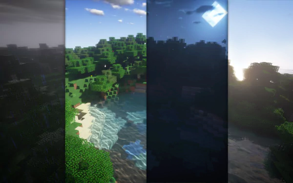 4K Ultra HD Minecraft desktop wallpaper showcasing changing seasons in a vibrant, blocky landscape under various lighting conditions.
