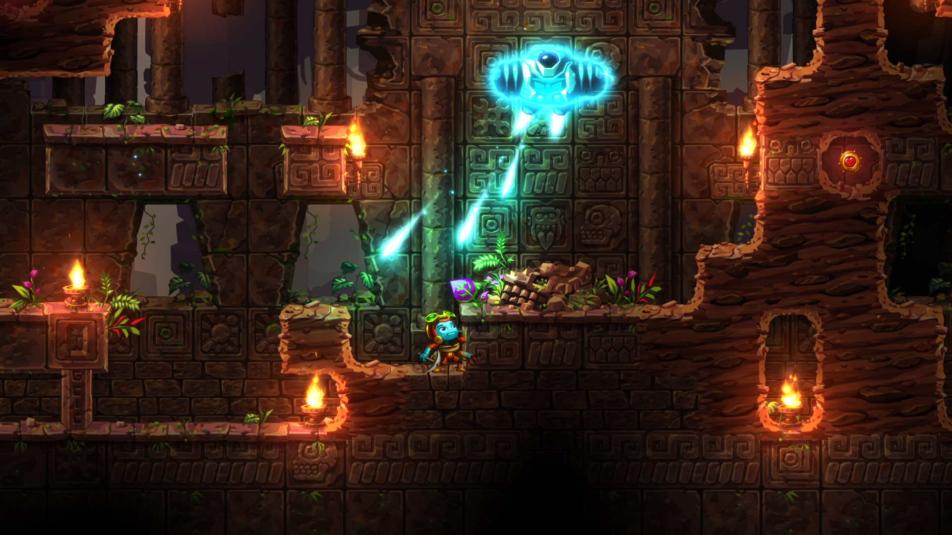 HD desktop wallpaper and background of SteamWorld Dig 2, featuring a character mining in an underground setting with a glowing enemy and torches.
