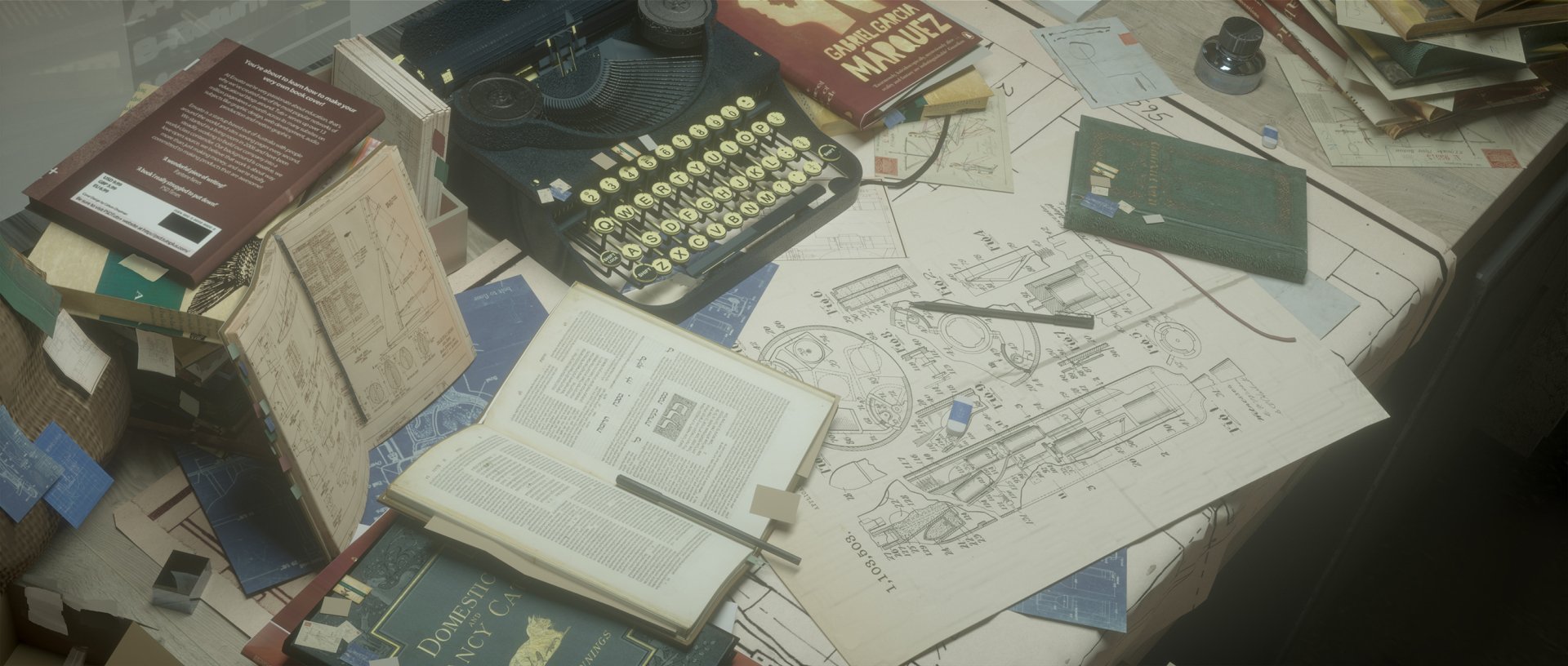 A HD desktop wallpaper showing a cluttered desk with a typewriter, schematic drawings, open books, and various scattered items in an anime-style artwork.