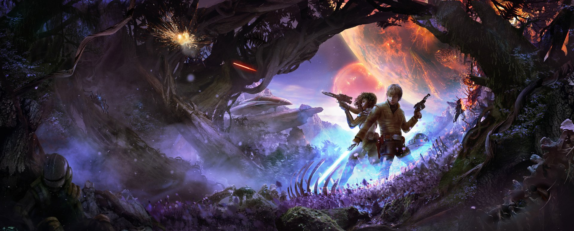 A HD desktop wallpaper featuring a sci-fi Star Wars scene with Luke Skywalker, R2-D2, and a lightsaber in a vibrant, otherworldly landscape with planets and dramatic lighting.