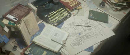 A HD desktop wallpaper showing a cluttered desk with a typewriter, schematic drawings, open books, and various scattered items in an anime-style artwork.