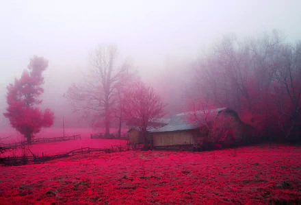 A red-hued farm field with a barn and trees shrouded in dense fog, creating an atmospheric fall scene in this HD desktop wallpaper.