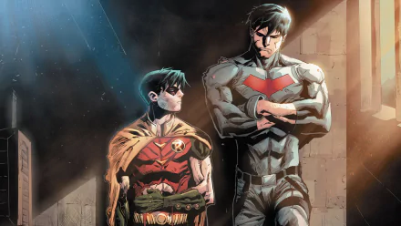 A high-definition desktop wallpaper featuring Robin and Red Hood from DC Comics' Red Hood and the Outlaws standing together in a dramatic, shadowed scene.