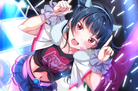 Yoshiko Tsushima from Love Live! Sunshine!! in a dynamic pose with vibrant lighting, featured in a high-definition anime PC desktop wallpaper.