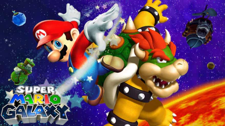 HD PC desktop wallpaper featuring Mario and Bowser from the Super Mario Galaxy video game, set against a vibrant space background with stars and planets.