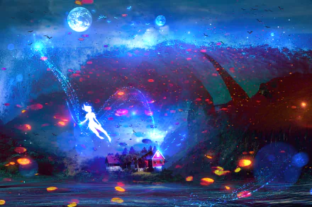 planet night house Peter Pan fantasy landscape fantasy landscape HD Desktop Wallpaper | Background Image