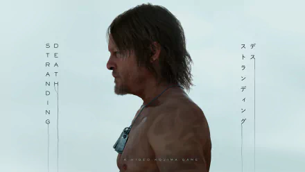 Sam Porter Bridges from the video game Death Stranding shown in profile against a minimal background, presented as a 4K Ultra HD PC desktop wallpaper.
