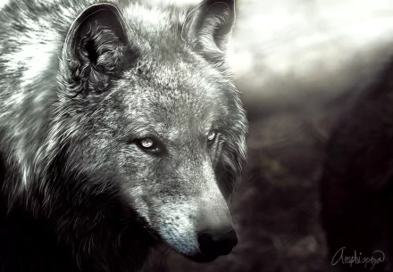 HD fantasy PC desktop wallpaper featuring a detailed close-up of a wolf with intense eyes set against a dark, misty background.