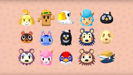 HD desktop wallpaper featuring a collection of character icons from Animal Crossing: Pocket Camp on a pink background.