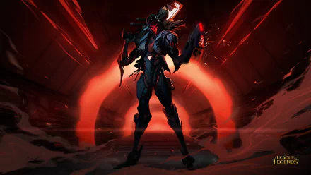HD desktop wallpaper of Jhin from League of Legends, depicted in a dynamic stance with a glowing weapon, set against a fiery red background.
