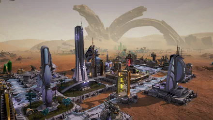 HD desktop wallpaper featuring a futuristic colony from the game Aven Colony set against a desert backdrop with a large ring structure.