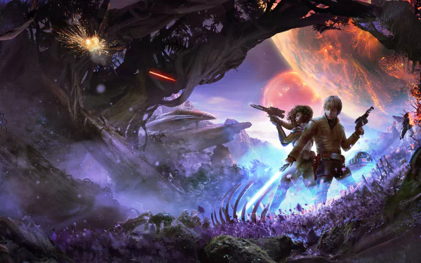 A HD desktop wallpaper featuring a sci-fi Star Wars scene with Luke Skywalker, R2-D2, and a lightsaber in a vibrant, otherworldly landscape with planets and dramatic lighting.