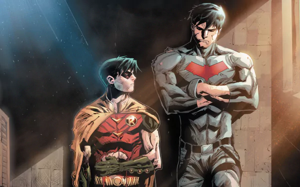A high-definition desktop wallpaper featuring Robin and Red Hood from DC Comics' Red Hood and the Outlaws standing together in a dramatic, shadowed scene.