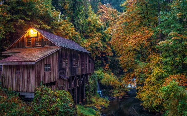 HD desktop wallpaper of a rustic watermill surrounded by vibrant autumn foliage in a serene forest setting. The illuminated window casts a warm glow over the scenic landscape.