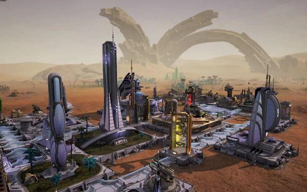 HD desktop wallpaper featuring a futuristic colony from the game Aven Colony set against a desert backdrop with a large ring structure.