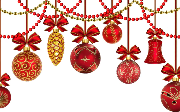 HD desktop wallpaper featuring red and gold Christmas ornaments and beads, creating a festive holiday atmosphere.