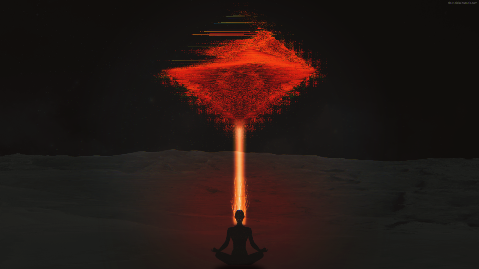 A human figure sits meditating in a dark desert night, with an orange glitch art geometric shape glowing above, capturing a surreal Buddhist-inspired scene in 4K Ultra HD.