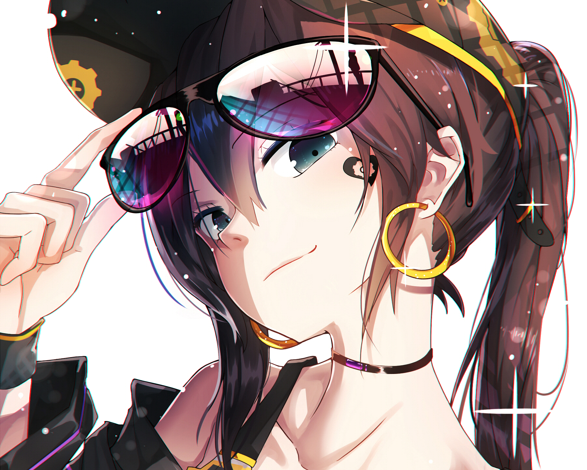 HD desktop wallpaper featuring an anime character from Pixiv Fantasia T, confidently looking forward with sunglasses and large hoop earrings.